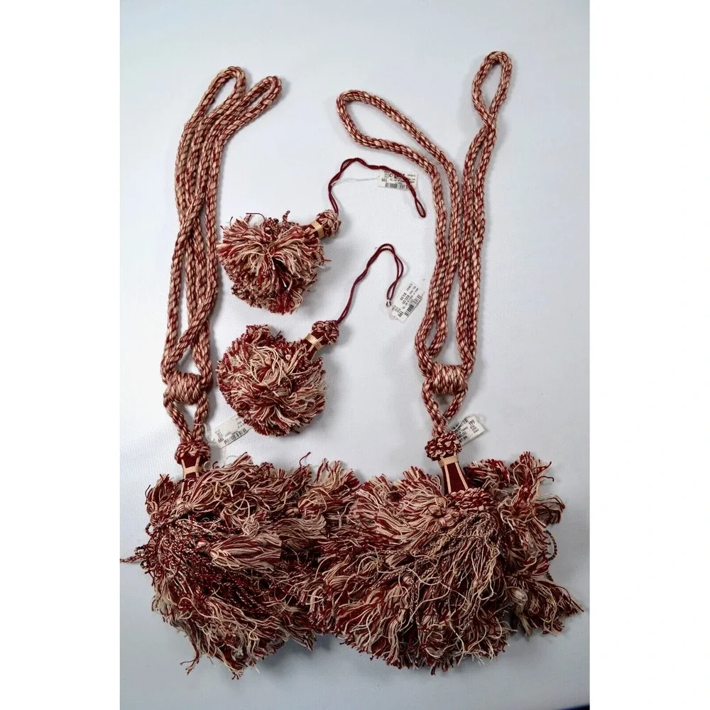 Lot of 4 Vintage Red & Ivory Drapery TieBacks Twisted Cord‎ Regency Shabby Chic